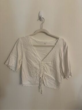 aerie White V-Neck Ruched Tie Front Crop Top